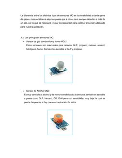 La diferencia entre los distintos tipos de sensores MQ es la sensibilidad a cierta gama 
de gases, más sensibles a algunos ga