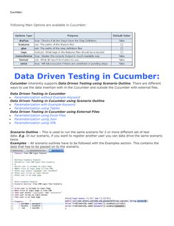 Cucmber: 
 
   
Data Driven Testing in Cucumber:    
Cucumber inherently supports Data Driven Testing using Scenario Outline.