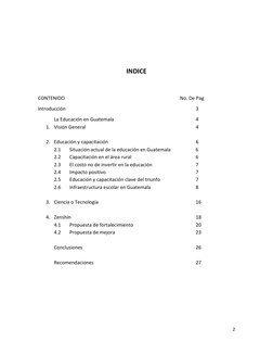 2 
 
 
 
 
 
INDICE 
 
 
CONTENIDO  
 
 
 
 
 
 
No. De Pag 
Introducción  
 
 
 
 
 
 
 
3 
La Educación en Guatemala