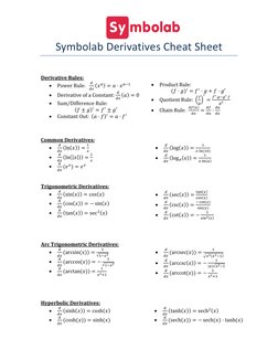 Symbolab Derivatives Cheat Sheet 
 
Derivative Rules: 
 Power Rule:   
𝑑
𝑑𝑥(𝑥𝑎) = 𝑎⋅𝑥𝑎−1 
 Derivative of a Constant