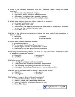 - 4 - 
 
8. Which of the following statements does NOT describe Darwin’s theory of natural 
selection? 
a. Members of a popul
