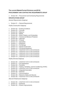 The current MasterFormat Divisions are(2018) 
PROCUREMENT AND CONTRACTING REQUIREMENTS GROUP 
 
Division 00 — Procurement an