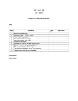 L & T Saudia LLC 
380kv SS 9041 
 
Compressor Gas Cylinder Inspection 
 
Date: 
 
S.No 
Description 
Yes / 
No 
Comments 
1