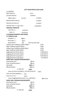 JETTY HEAD/TRESTLE DECK SLABS
1.0 LOADING
Slab Thickness=
0.3 m
Concrete Density=
24
300mm Slab =
0.3x 24=
7.2
7.2
7.5
22.08