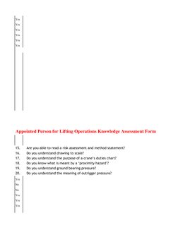 Yes     
Yes     
Yes     
Yes     
Yes     
Yes     
Appointed Person for Lifting Operations Knowledge Assessment Form
15.