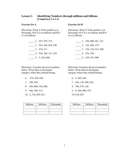 1 
 
Lesson 1:    Identifying Numbers through millions and billions. 
 
 
  (Competency I.A.1.1) 
 
Exercise Set A 
 
Directi