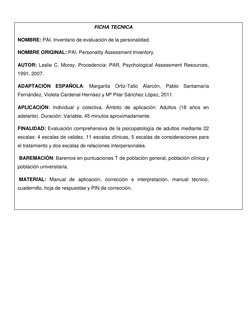 FICHA TECNICA 
NOMBRE: PAI. Inventario de evaluación de la personalidad.  
NOMB