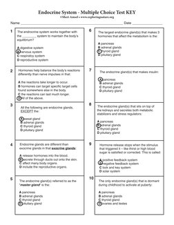 Endocrine System - Multiple Choice Test KEY
©Sheri Amsel • www.exploringnature.org
Name _____________________________________