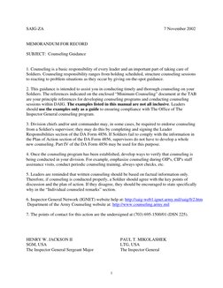 SAIG-ZA 
 
 
 
 
 
 
 
 
      7 November 2002 
 
 
MEMORANDUM FOR RECORD 
 
SUBJECT:  Counseling Guidance 
 
 
1. Counseling
