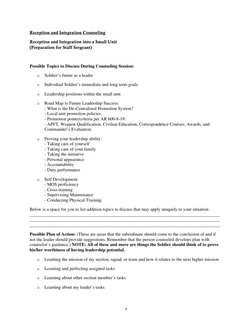 Reception and Integration Counseling 
Reception and Integration into a Small Unit  
(Preparation for Staff Sergeant) 
  
Poss