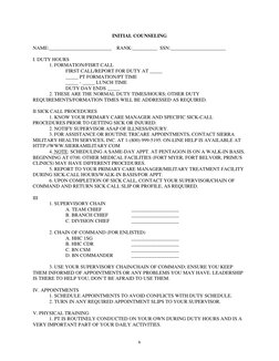 INITIAL COUNSELING 
 
NAME:_________________________    RANK:__________  SSN:______________________ 
 
I. DUTY HOURS 
1. FORM