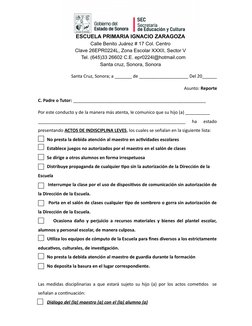 ESCUELA PRIMARIA IGNACIO ZARAGOZA
Calle Benito Juárez # 17 Col. Centro
Clave 26EPR0224L, Zona Escolar XXXII, Sector V
Tel. (6