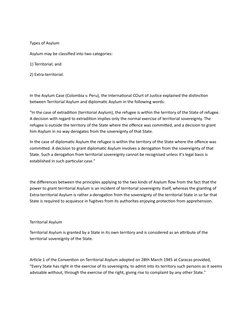 Types of Asylum
Asylum may be classified into two categories:
1) Territorial; and
2) Extra-territorial.
In the Asylum Case (C