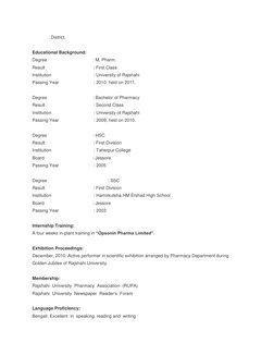 : District. 
 
Educational Background: 
Degree                                     : M. Pharm. 
Result