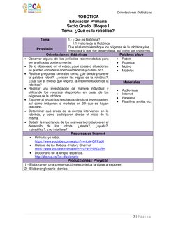 Orientaciones Didácticas 
7 | P á g i n a  
 
ROBÓTICA  
Educación Primaria 
Sexto Grado  Bloque I 
Tema: ¿Qué es la robótica
