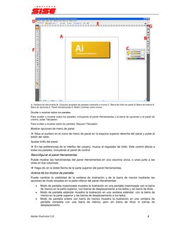 Adobe Illustrator Cs3 
3 
A. Ventana de documento B. Conjunto acoplado de paneles contraído a iconos C. Barra de título de pa