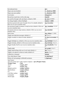 Get indicated item
give
Hyper auto-aim disabled
sv_clienttrace 0000
Hyper auto-aim enabled
sv_clienttrace 9999
Level select
c