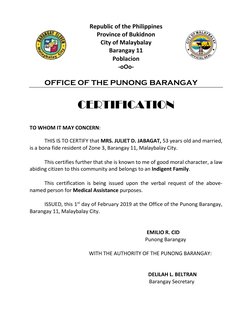Republic of the Philippines 
Province of Bukidnon 
City of Malaybalay 
Barangay 11 
Poblacion 
-oOo- 
 
OFFICE OF THE PUNONG