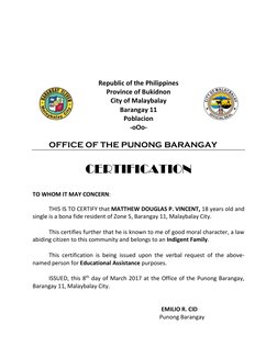 Republic of the Philippines 
Province of Bukidnon 
City of Malaybalay 
Barangay 11 
Poblacion 
-oOo-
