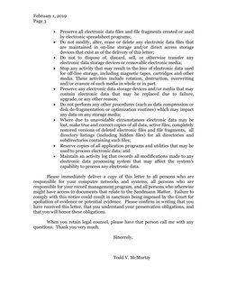 February 1, 2019 
 
Page 3 
 
 
• Preserve all electronic data files and file fragments created or used 
by electronic spread