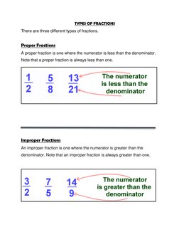 TYPES OF FRACTIONS 
There are three different types of fractions. 
 
Proper Fractions  
A proper fraction is one where the nu