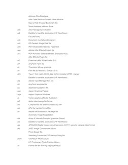 Address Plus Database
After Dark Random Screen Saver Module
Opera Web Browser Bookmark file
Smart Address Address Book
.ads
A