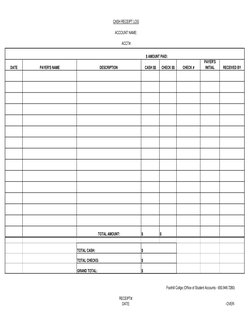 CASH RECEIPT LOG
ACCOUNT NAME:
 ACCT#:
DATE
PAYER'S NAME
DESCRIPTION 
CASH $$
CHECK $$
CHECK #
PAYER'S    
INITIAL
RECEIVED B