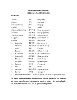 Clases de Hangeul (coreano) 
LECCIÓN 1: NACIONALIDADES 
Vocabulario 
1. China 
 
 
중국  
(Jung-gug) 
2. Corea 
 
 
한국  
(han-g