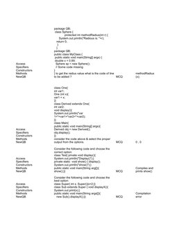 MCQ
MCQ
0 , 0
MCQ
MCQ
Access 
Specifiers 
Constructors 
Methods 
NewQB
package QB;
 class Sphere {
             protected int