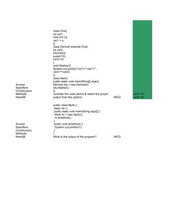 MCQ
MCQ
Access 
Specifiers 
Constructors 
Methods 
NewQB
class One{
int var1;
One (int x){
var1 = x;
}}
class Derived extends