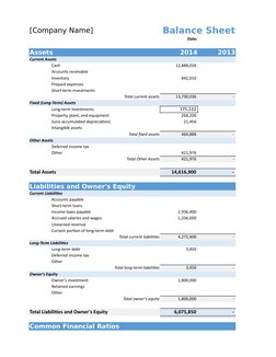 [Company Name]
Balance Sheet
Date:
Assets
2014
2013
Current Assets
Cash
              12,888,026 
Accounts receivable
Invento