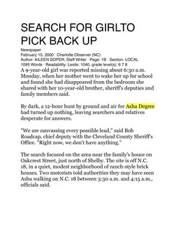 SEARCH FOR GIRLTO 
PICK BACK UP
Newspaper
February 15, 2000 | Charlotte Observer (NC)
Author: AILEEN SOPER, Staff Writer | Pa