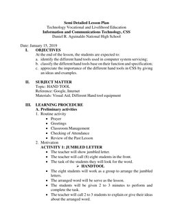 Semi Detailed Lesson Plan 
Technology Vocational and Livelihood Education 
Information and Communications Technology, CSS 
Da