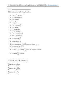 Inverse Trigonometric Derivatives Worksheet