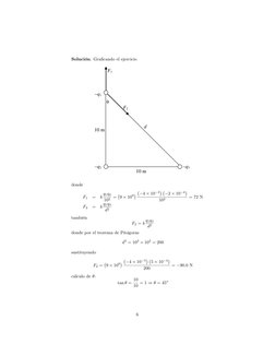 Solución. Gra…cando el ejercicio
10 m
10 m
–q1
–q2
–q3
d
F1
F2
θ
donde
F1
=
k q1q2
102 =
9  109 4  103 2  104
102
= 72