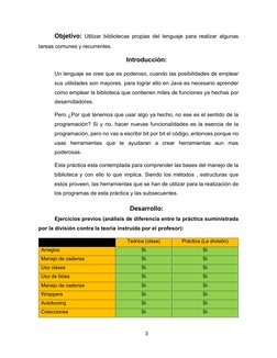 3 
 
Objetivo: Utilizar bibliotecas propias del lenguaje para realizar algunas 
tareas comunes y recurrentes. 
Introducci