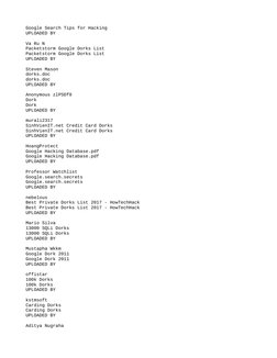 Google Search Tips for Hacking
UPLOADED BY
Va Ru N
Packetstorm Google Dorks List
Packetstorm Google Dorks List
UPLOADED BY
St