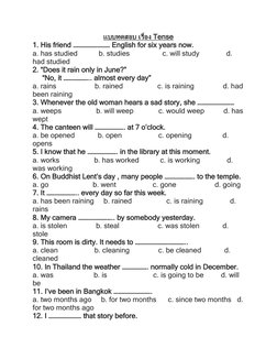 แบบทดสอบ เรื่อง Tense 
1. His friend ……………………… English for six years now. 
a. has studied           b. studies