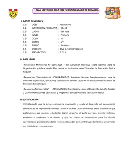 PLAN LECTOR DE AULA  DEL  SEGUNDO GRADO DE PRIMARIA 
 
I- DATOS GENERALES: 
1.1- 
UGEL                                    :