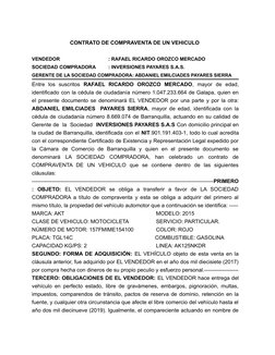 CONTRATO DE COMPRAVENTA DE UN VEHICULO 
VENDEDOR
: RAFAEL RICARDO OROZCO MERCADO
SOCIEDAD COMPRADORA
: INVERSIONES PAYARES S.
