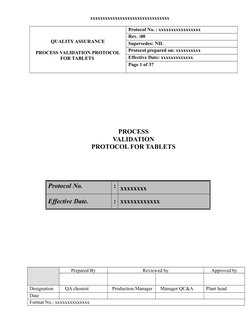 xxxxxxxxxxxxxxxxxxxxxxxxxxxxxxxx
QUALITY ASSURANCE
PROCESS VALIDATION PROTOCOL
FOR TABLETS 
Protocol No. : xxxxxxxxxxxxxxxxx