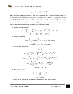 UNIVERSIDAD NACIONAL DE TRUJILLO 
INGENIERÍA MECATRÓNICA 
 
 
 
2 
ABRIL DEL 2018 
 
Problemas Convertidores DC-DC 
5.1 El co