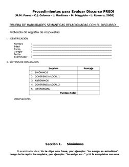 Procedimientos para Evaluar Discurso PREDI
Procedimientos para Evaluar Discurso PREDI
(M.M. Pavez – C.J. Coloma – L. Martínez