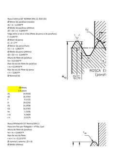 Rosca métrica 60° NORMA DIN 13, ISSO 261
Ø Menor do parafuso (núcleo)
d1 = d - 1,2268*P
Ø Médio do parafuso (efetivo)
d2 = D2