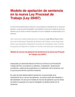 Modelo de apelación de sentencia 
en la nueva Ley Procesal de 
Trabajo (Ley 29497) 
 
En caso de serle desfavorable la senten