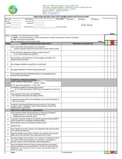 F0376   Rev. G   4/14/05
 Phiếu Kiểm Kê Quá Trình Chế Tạo/Manufacturing Process Audit
Audit Date    
Performed by:
ngày lập
t