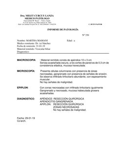 Dra. MILET CURCUY LANZA  
 
MEDICO PATÓLOGO 
 
Especialidad SP. Brasil — Tokyo..Tapón 
 
Av.6 de Agosto esq. Pedro Salazar