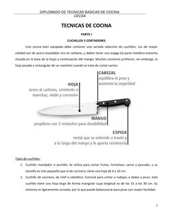DIPLOMADO DE TECNICAS BASICAS DE COCINA  
CECSA 
 
1 
 
TECNICAS DE COCINA 
PARTE I  
CUCHILLOS Y CORTADORES 
Una cocina bien