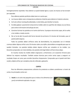 DIPLOMADO DE TECNICAS BASICAS DE COCINA  
CECSA 
 
10 
 
homogéneamente repartidos. Para obtener un pastel batido ligero y su