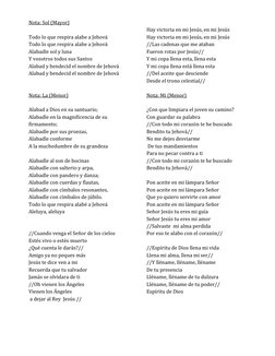Nota: Sol (Mayor) 
 
Todo lo que respira alabe a Jehová 
Todo lo que respira alabe a Jehová 
Alabadle sol y luna 
Y vosotros